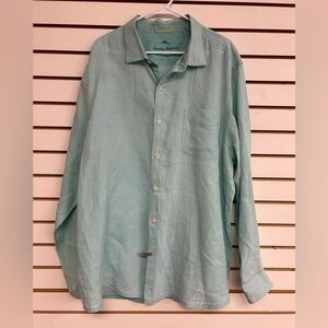 Tommy Bahama 100% Linen Button‎ Down Shirt Blue 2XL Long Sleeve